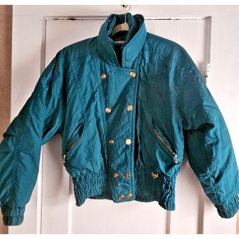 Vintage FERA SKIWEAR teal puffy winter jacket snap golden buttons woman Sz 8